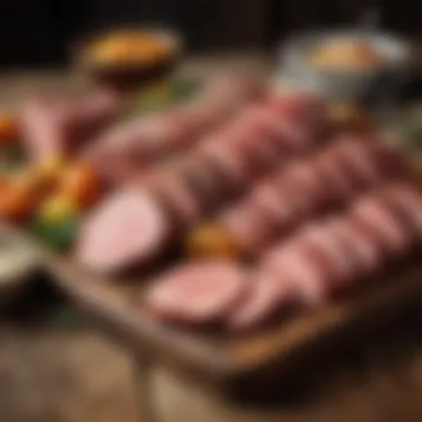 Gourmet Meat Selection for a Modern Easter Feast A selection of gourmet Easter meat dishes presented artistically on a rustic wooden table, showcasing culinary creativity.
