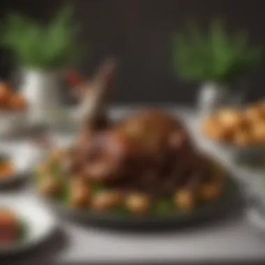 Elegant Roast Lamb for Easter Celebrations A beautifully arranged Easter feast featuring a succulent roast lamb centerpiece, garnished with fresh herbs.