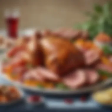 Traditional Easter Meats with Seasonal Accompaniments A vibrant spread of traditional Easter meats including glazed ham and savory sausages, complemented by seasonal vegetables.