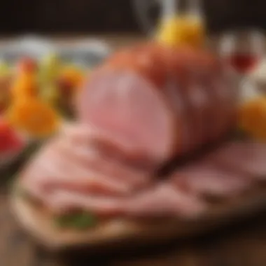 Sliced Ham Display A sliced glazed ham served on an elegant platter with garnishes.