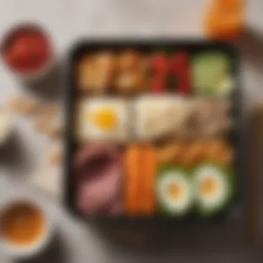 Bento box filled with assorted healthy snacks and dips