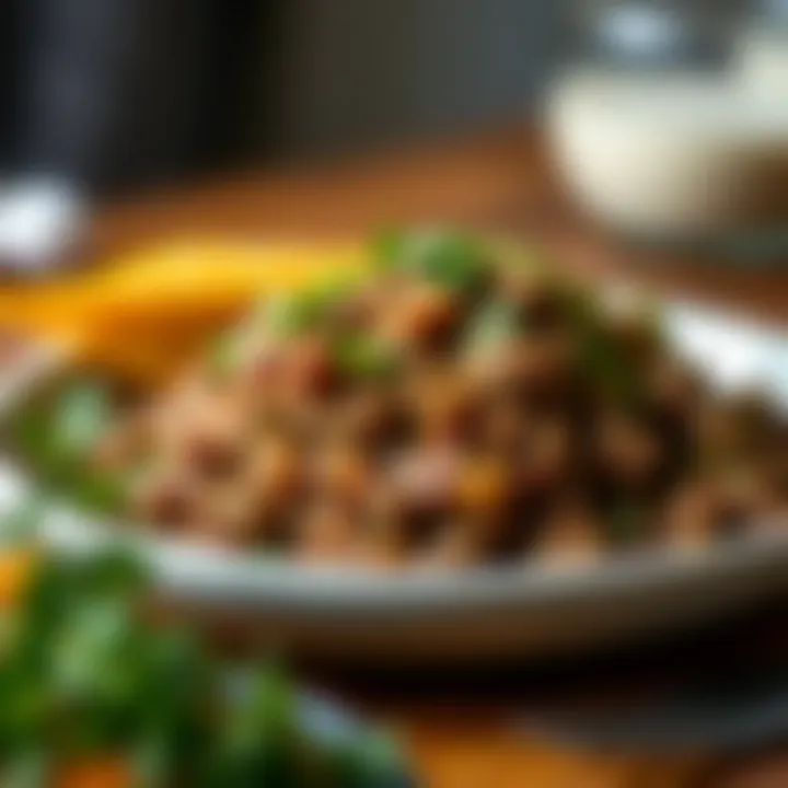 A delicious finished dish made with ground meat, garnished artistically with fresh herbs