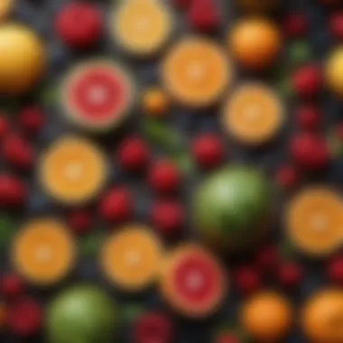 Colorful Seasonal Fruits for Cocktails A colorful array of seasonal fruits used in cocktails