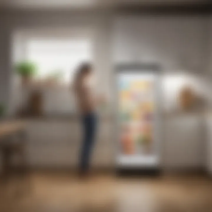 User interacting with a compact refrigerator in a stylish kitchen