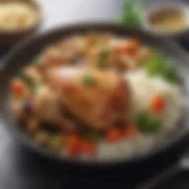 A plate of chicken served with rice and vegetables