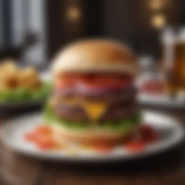 Elegant Dining with Hamburger An elegant dining setup featuring a hamburger as the centerpiece