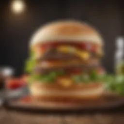 A gourmet hamburger dish with fresh ingredients and vibrant colors