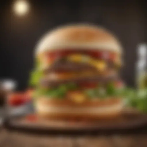 A gourmet hamburger dish with fresh ingredients and vibrant colors