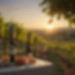 A serene vineyard landscape at sunset.