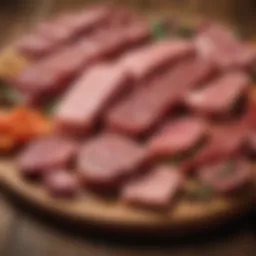 A variety of preserved meats displayed elegantly on a wooden board.