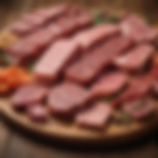 A variety of preserved meats displayed elegantly on a wooden board.