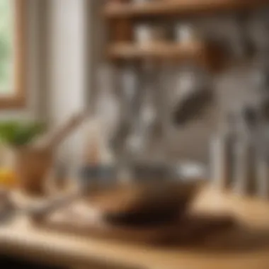 A collection of essential utensils displayed on a wooden countertop