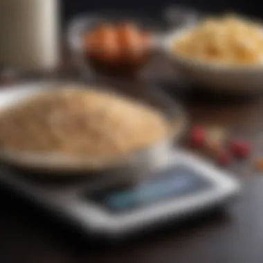 Close-up of a food scale measuring ingredients for precise baking