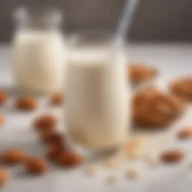 Close-up view of creamy almond milk with a few almonds beside it