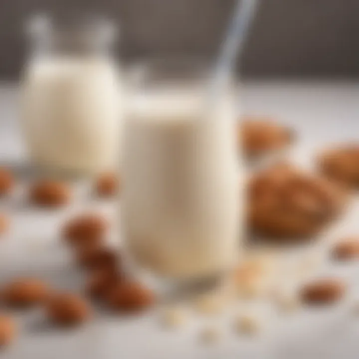 Close-up view of creamy almond milk with a few almonds beside it