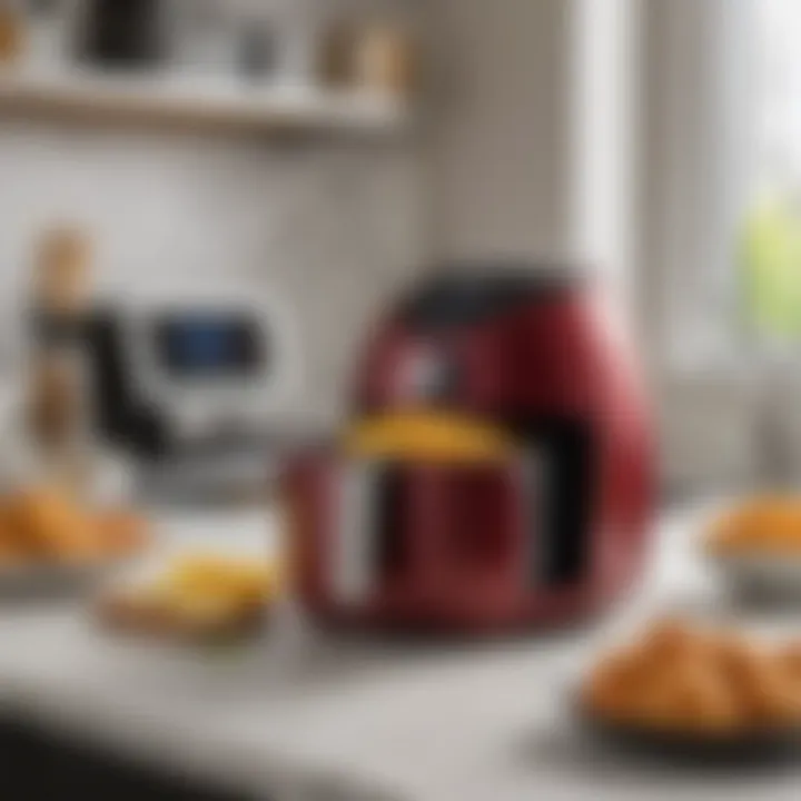 An air fryer elegantly displayed on a kitchen countertop with vibrant food ingredients.