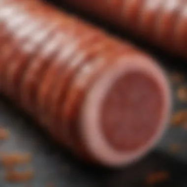 Intricate Crafting of Chinese Pork Sausage A close-up of Chinese pork sausage highlighting its intricate casing and rich seasoning.