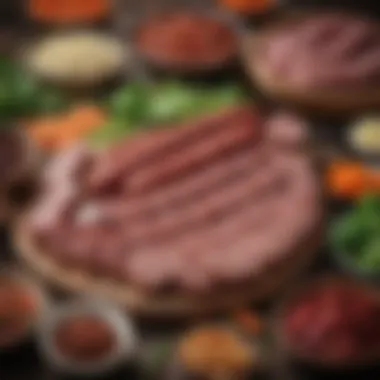 Traditional Ingredients of Chinese Pork Sausage An artistic arrangement of Chinese pork sausage alongside traditional ingredients that contribute to its distinct flavor.