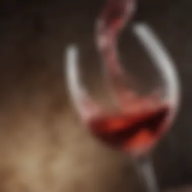 A detailed close-up of rosé wine swirling in a glass against a rustic backdrop