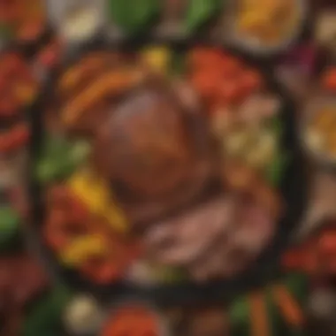 A Colorful Array of Grilled Meats and Vegetables A vibrant plate showcasing an assortment of grilled meats and fresh vegetables.