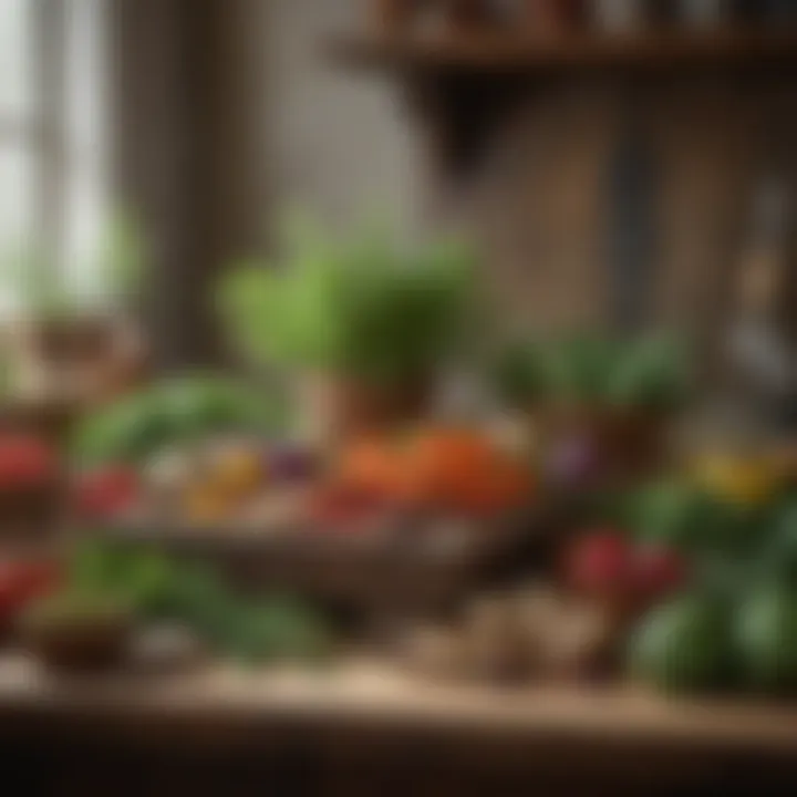 A rustic kitchen table filled with various herbs, spices, and seasonal vegetables.