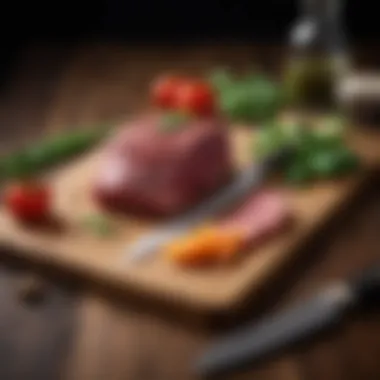 Fresh Ingredients on a Knife and Cutting Board A chef's knife and cutting board with fresh ingredients ready for preparation.