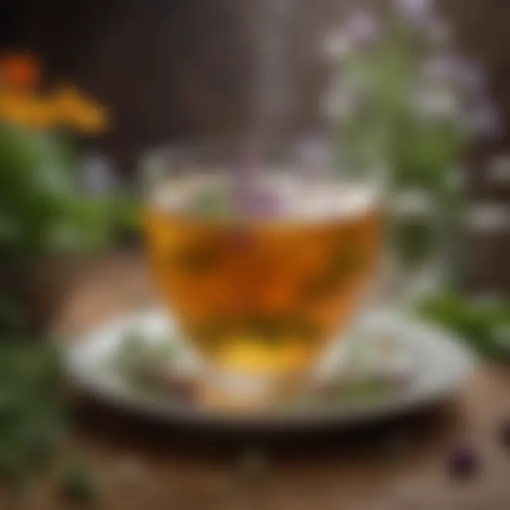 A steaming cup of herbal tea surrounded by fresh herbs and flowers