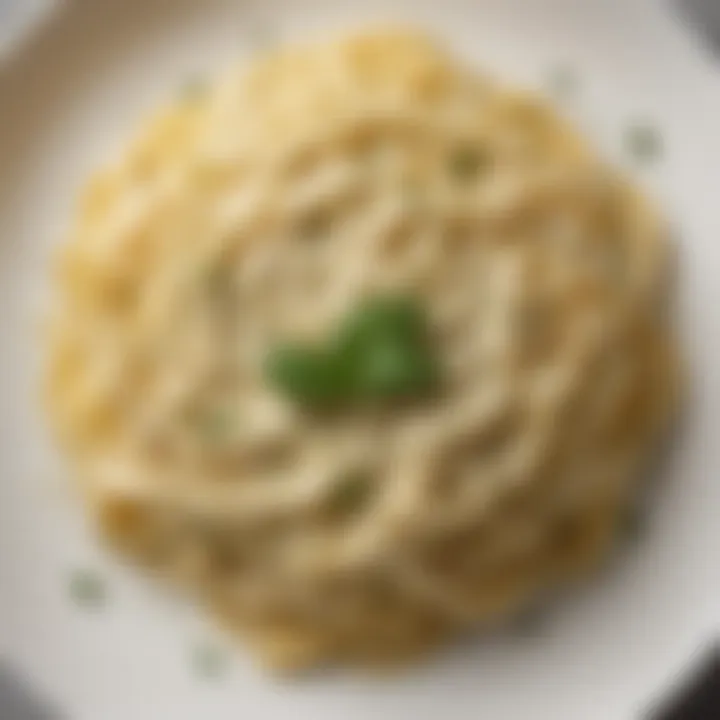 Close-up of creamy fettuccine alfredo topped with herbs