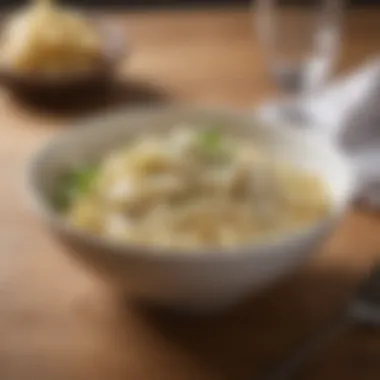 Aldi fettuccine alfredo in a stylish bowl with garnish