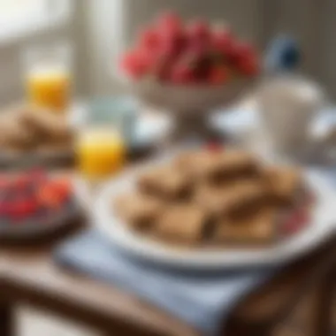 A beautifully arranged breakfast table featuring almond flour bars and fresh fruits.