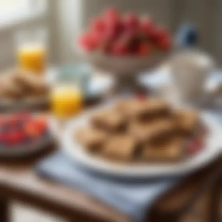 A beautifully arranged breakfast table featuring almond flour bars and fresh fruits.