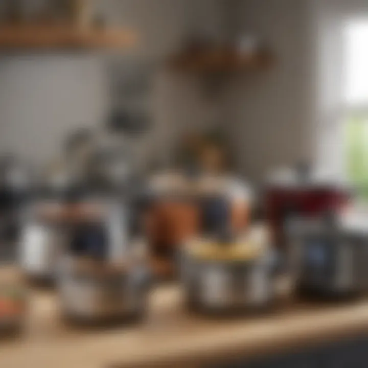 A modern kitchen setting featuring various pressure cooker models