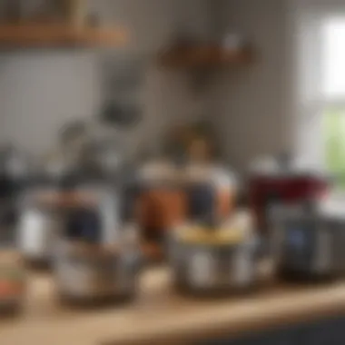 Diverse Range of Modern Pressure Cookers A modern kitchen setting featuring various pressure cooker models