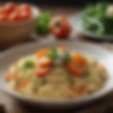 A rich, aromatic bowl of risotto, garnished with herbs and seasonal vegetables