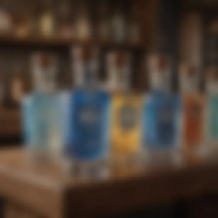 Close-up of various azul tequila bottles on a wooden bar