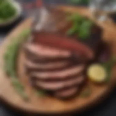 Grilled Beef Brisket with Herb Garnish Grilled beef brisket with a smoky glaze and garnished with herbs