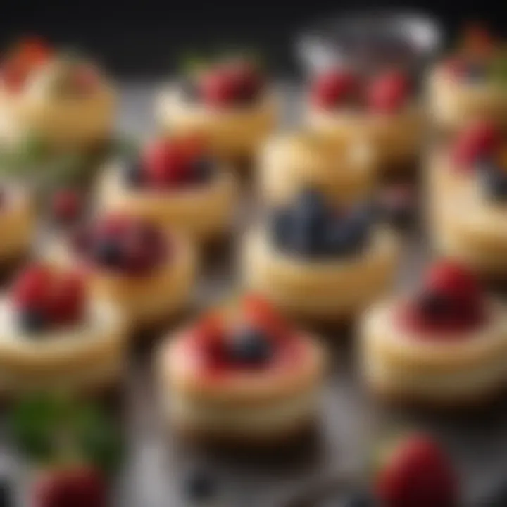 Artfully arranged mini cheesecakes with a variety of toppings.