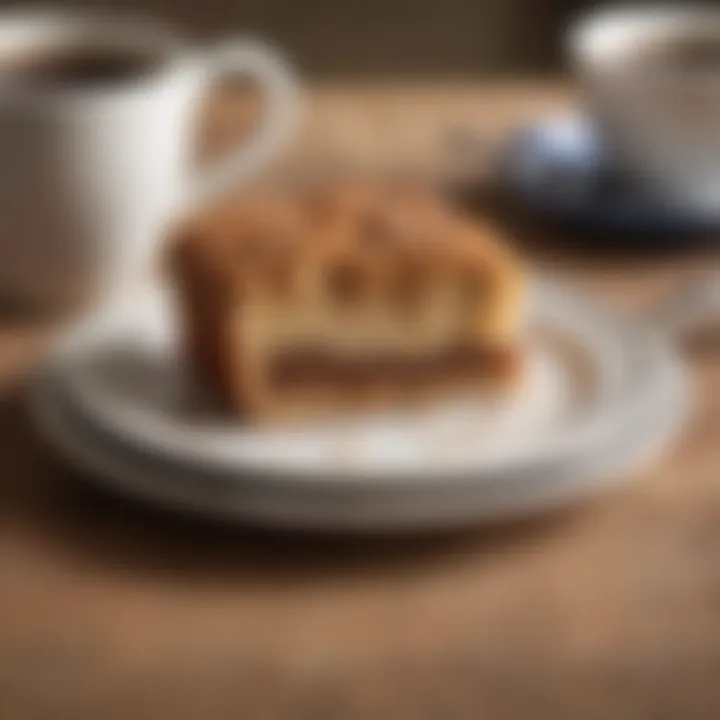 A slice of Bisquick coffee cake served on a plate with coffee