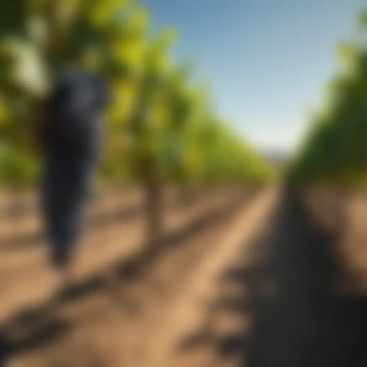 A picturesque vineyard under a clear blue sky, featuring lush grapevines.