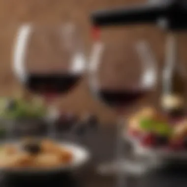 A beautiful wine glass filled with a rich red wine, accompanied by a gourmet meal.