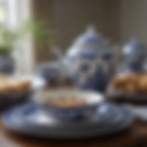 An elegant Blue Willow china set displayed on a dining table