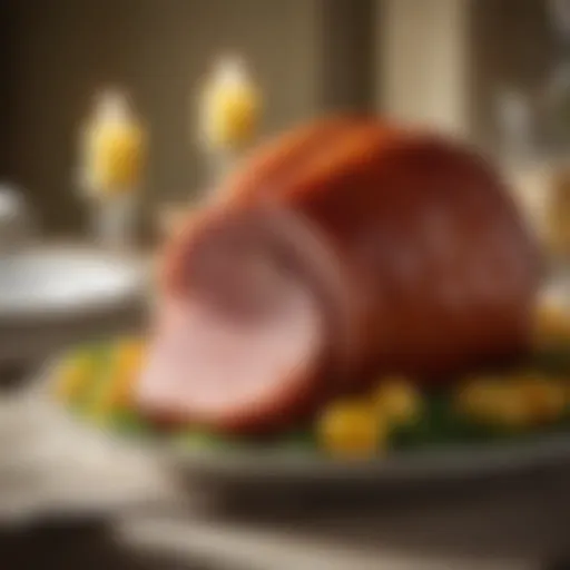 A beautifully glazed boneless Easter ham displayed on a festive table setting