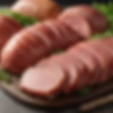 A selection of different types of boneless hams arranged with fresh herbs