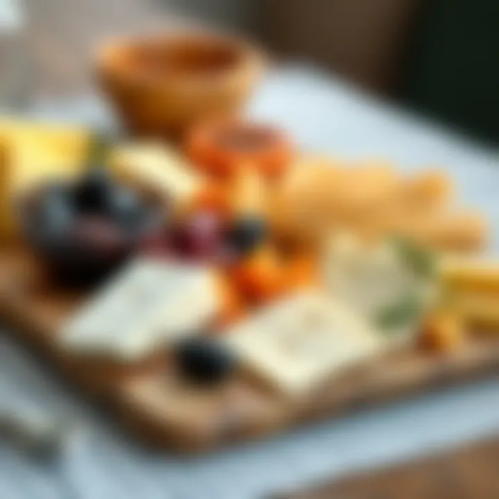 A selection of cheese and olives arranged elegantly on a board