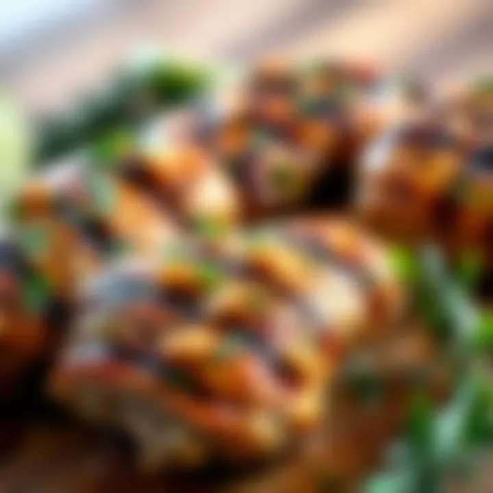 A close-up of grilled chicken breasts garnished with herbs