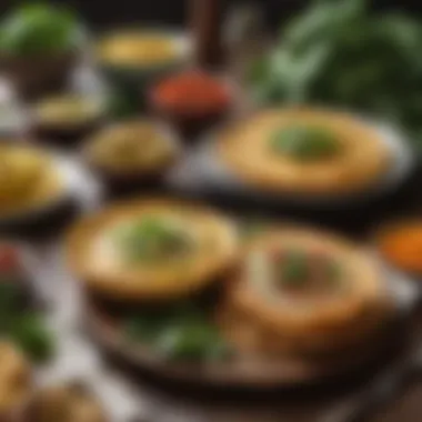 A colorful platter featuring various dishes served with cauliflower tortilla shells.
