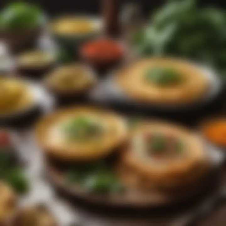 A colorful platter featuring various dishes served with cauliflower tortilla shells.