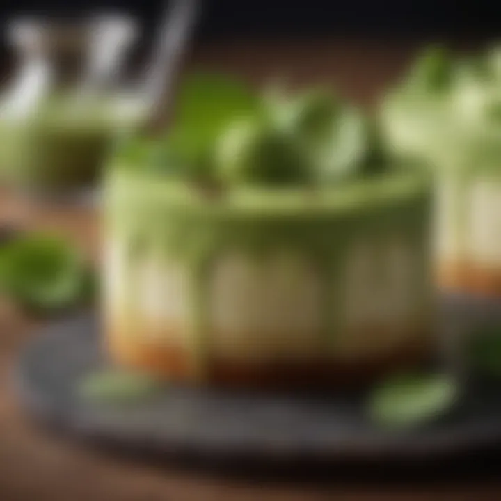 A unique matcha cheesecake with a green tea flavor and artistic presentation