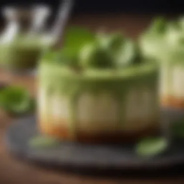 Matcha Cheesecake Extravaganza A unique matcha cheesecake with a green tea flavor and artistic presentation