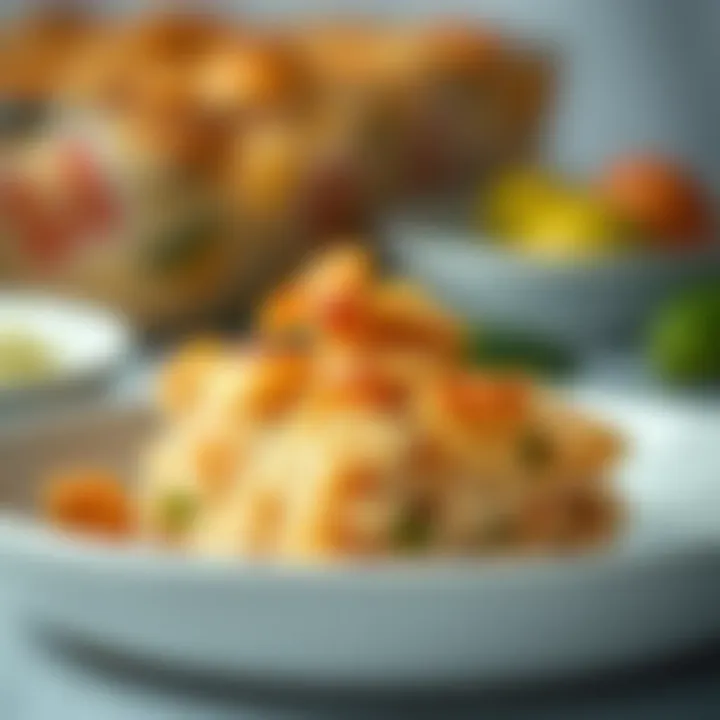 A close-up of Chicken Stuffing Casserole showcasing its texture and layers